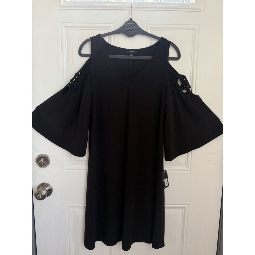 MSK Black Cold Shoulder Dress Medium NWT Lattice Sleeve Stretch Jersey